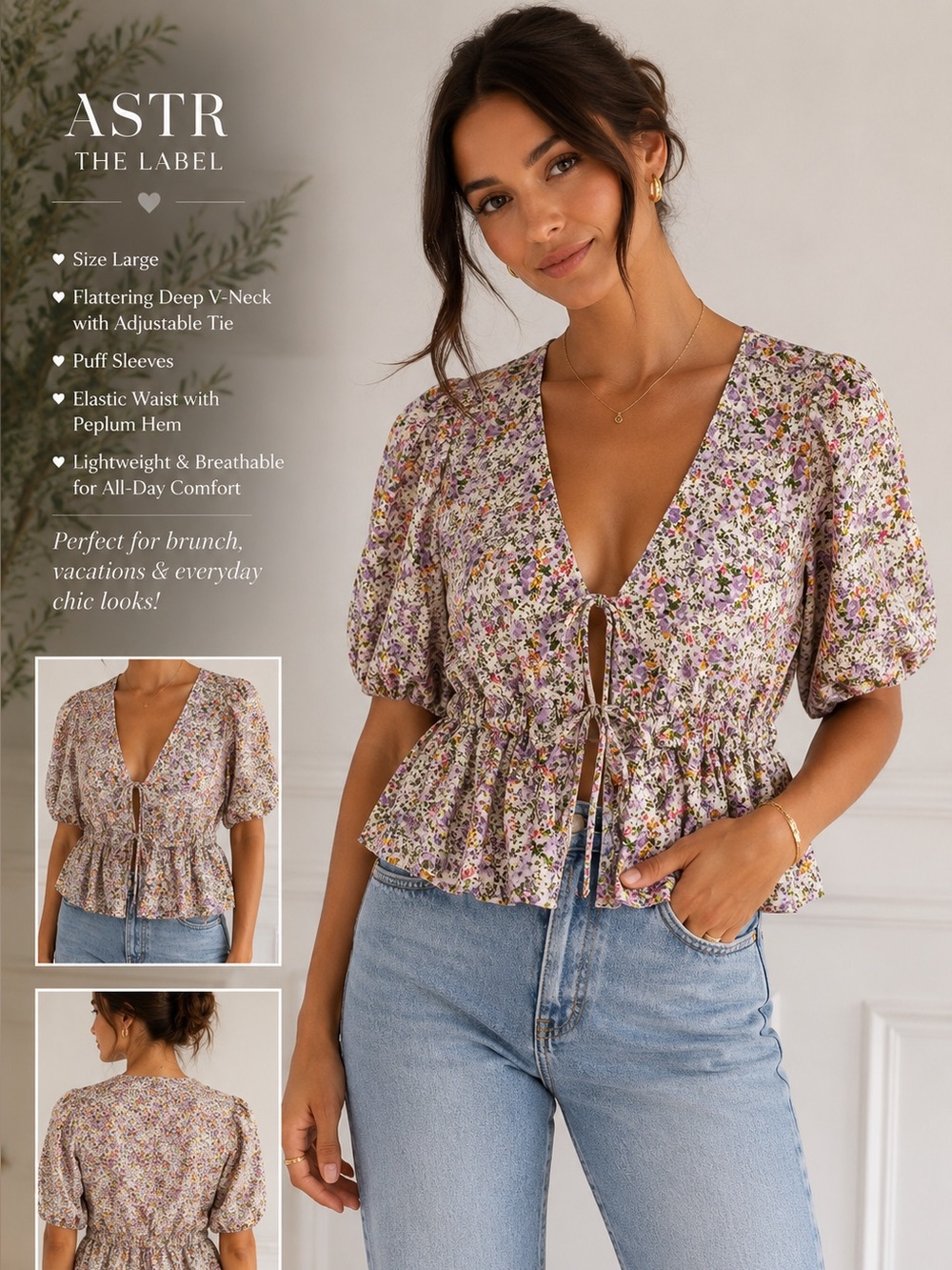 ASTR Lavender Floral Tie-Front Puff Sleeve Blouse
